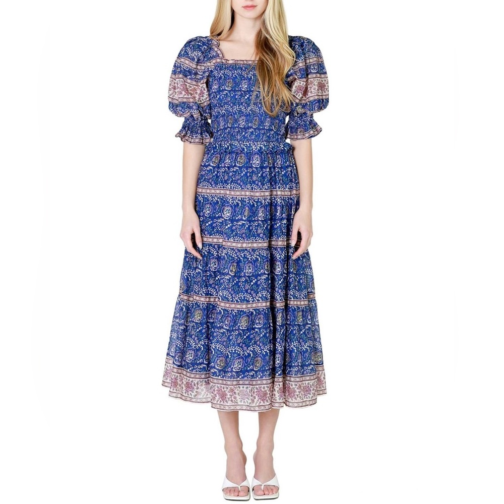 Sea NY Rosita Blue Floral Cotton Smocked Puff
Sleeve Tiered Midi Dress Small S